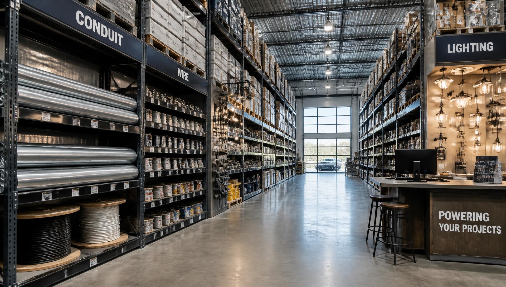 Electrical supply warehouse with conduit, wire, and lighting inventory